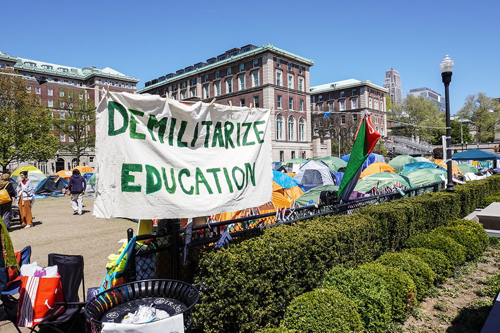 The entrance to the pro-Palestinian encampment in the heart of the Columbia University Morningside Heights campus in New York City on April 26 (NCR photo/Camillo Barone)