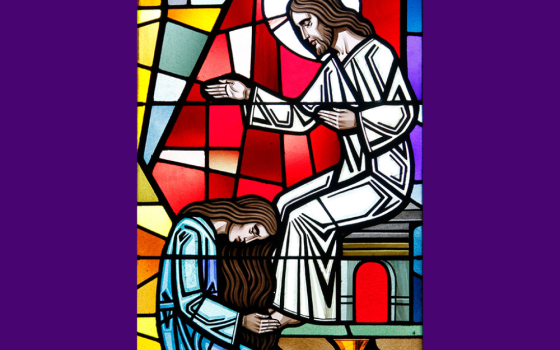Mary Magdalene anointing the feet of Christ is depicted in a stained-glass window at St. Francis of Assisi Church in Greenlawn, New York. (OSV News/Gregory A. Shemitz)