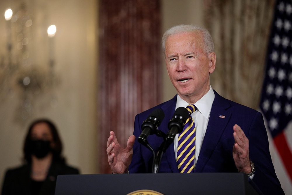President Joe Biden delivers a foreign policy address during a visit to the State Department in Washington Feb. 4. Biden said he plans to sign an executive order to begin the process of raising the refugee admissions cap up to 125,000. The number was dras