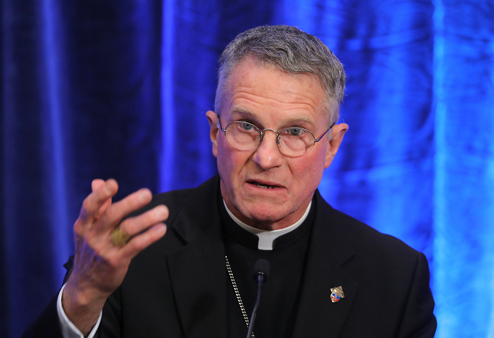 Archbishop Timothy Broglio of the U.S. Archdiocese for the Military Services, gestures during a Nov. 15 news conference after being elected president of the U.S. Conference of Catholic Bishops during the fall general assembly of the bishops in Baltimore. (CNS/Bob Roller)