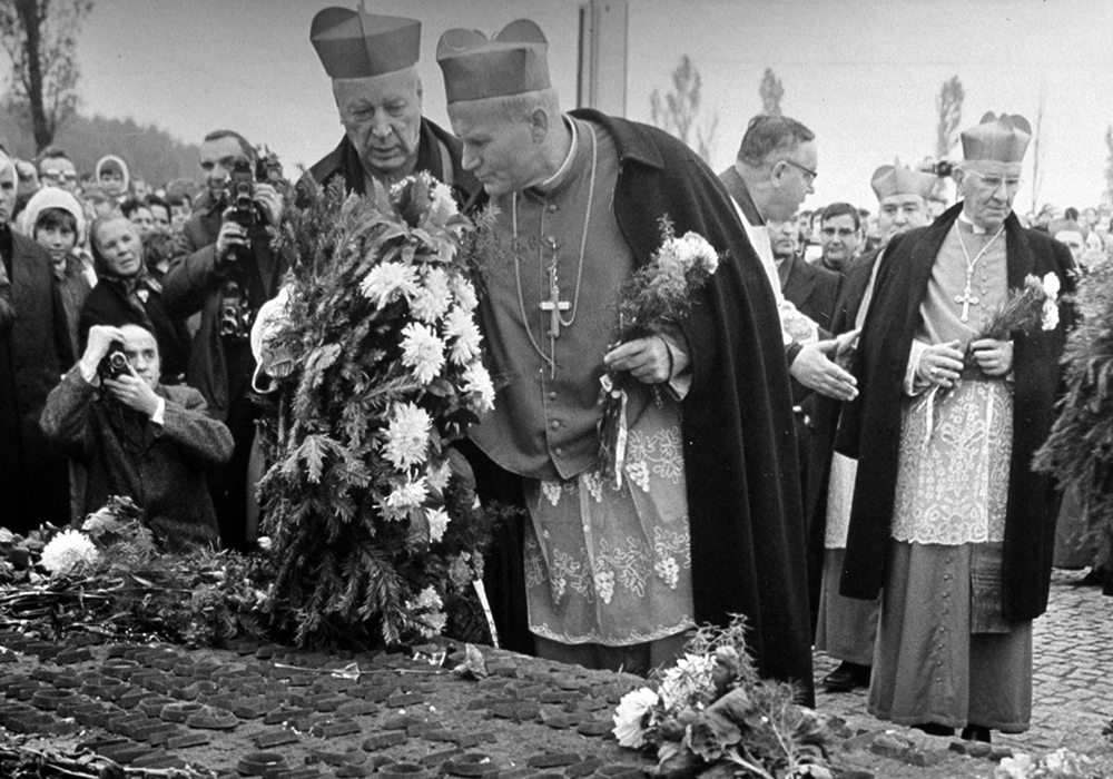 Cardinal Stefan Wyszynski of Warsaw and Cardinal Karol Wojtyla of Krakow, the future Pope John Paul II, and Cardinal John Krol of Philadelphia are pictured at a ceremony Oct. 15, 1972, in Brzezinka, Poland. (CNS)