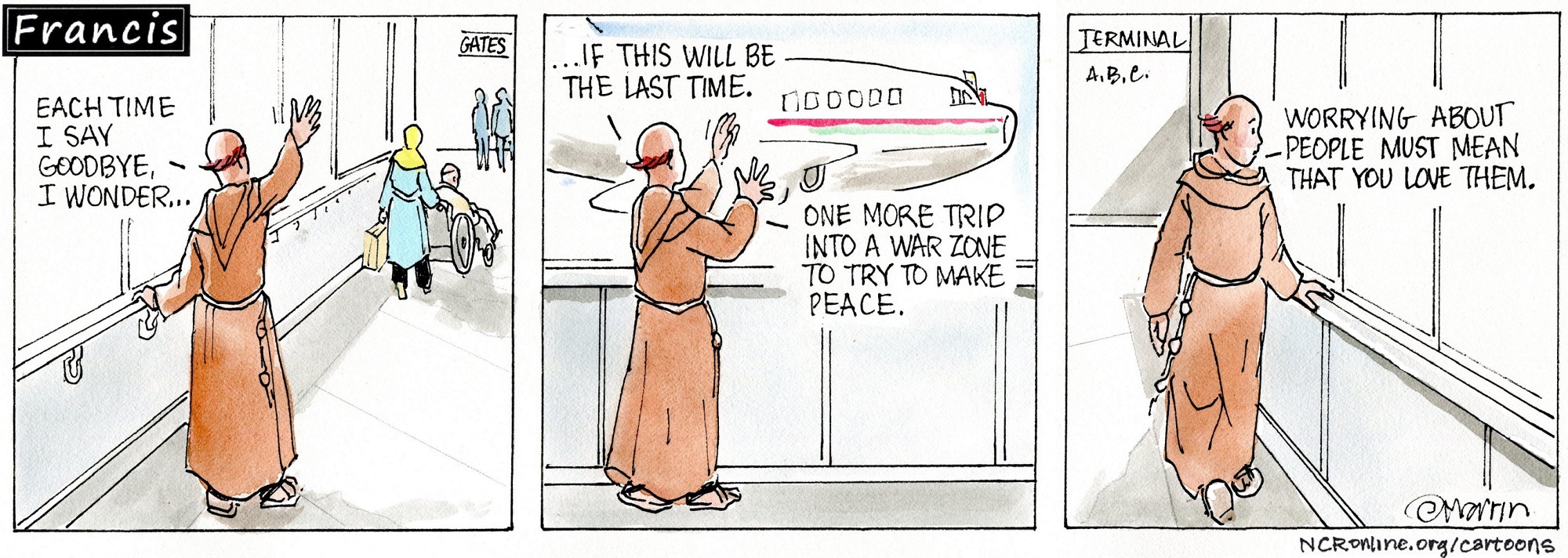 Francis, the comic strip: Brother Leo sends Francis off on another peacemaking pilgrimage.
