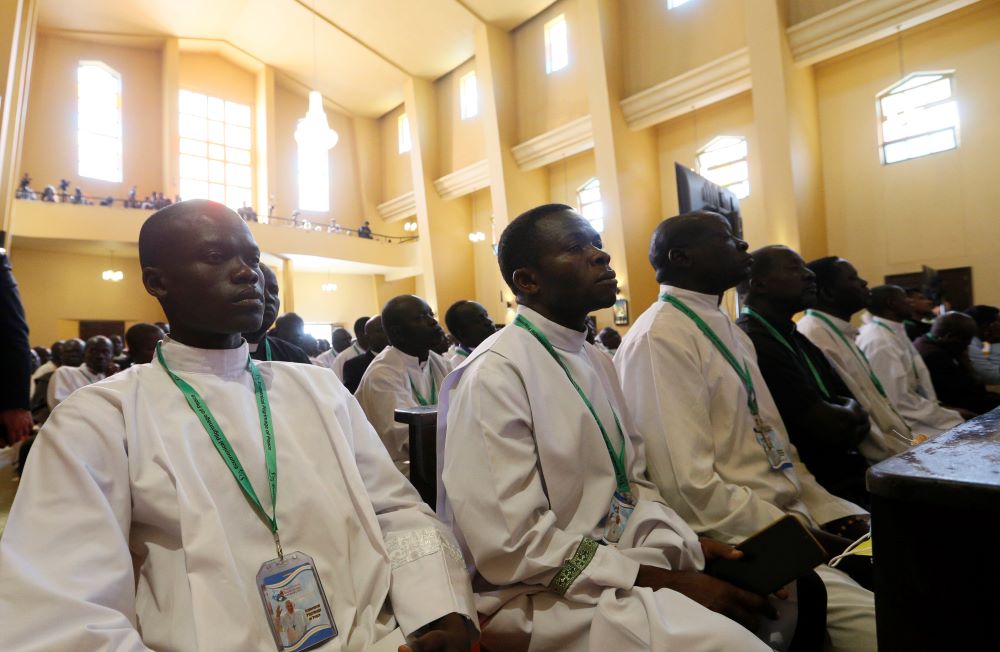 Participants wait for Pope Francis' arrival for a meeting with bishops, priests, religious and seminarians in St. Theresa Cathedral in Juba, South Sudan, Feb. 4. (CNS/Paul Haring)