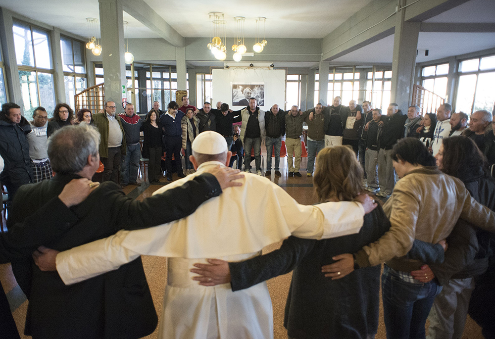 Pope Francis visits the San Carlo Community, a Catholic-run drug rehabilitation center on the outskirts of Rome Feb. 26, 2016, near Castel Gandolfo, Italy. The pope encouraged the 55 patients to trust God's mercy to keep them strong. (CNS/L'Osservatore Romano)