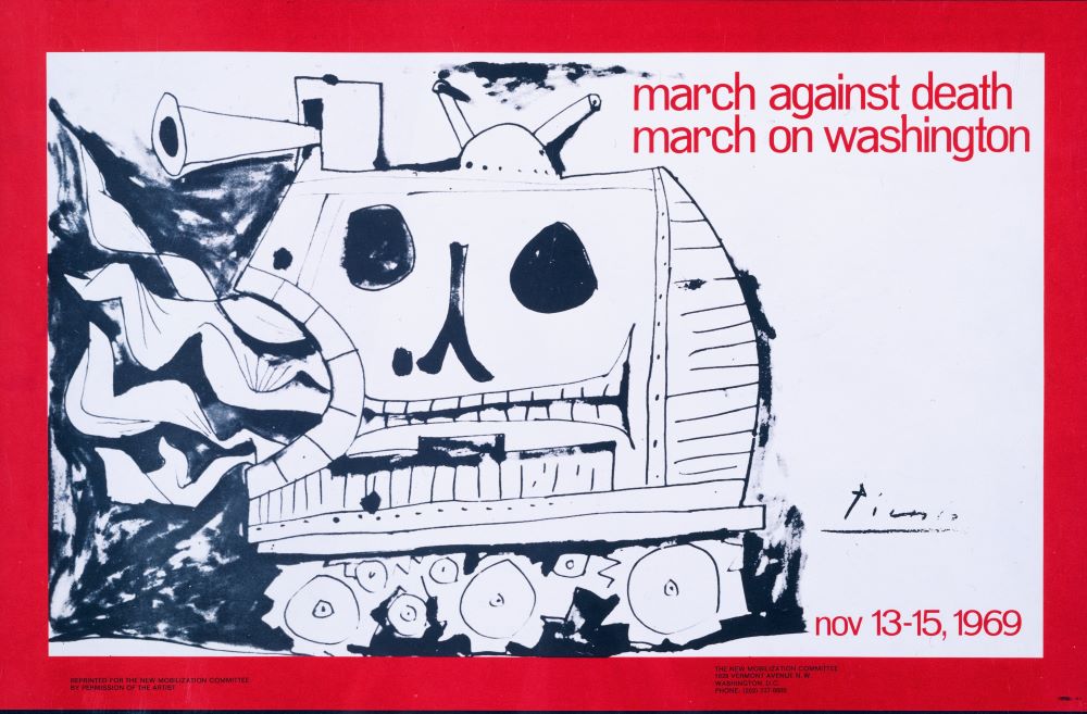 An antiwar poster by Picasso shows a military tank. 