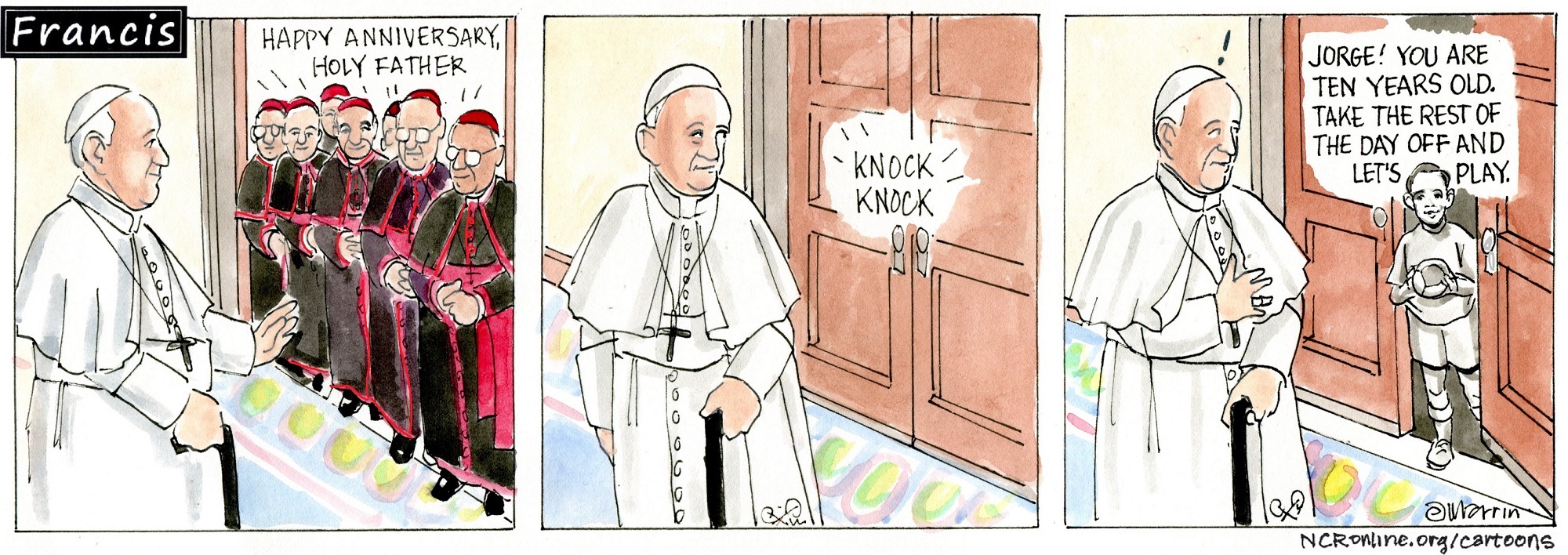 Francis, the comic strip: Francis gets a surprise visit for his anniversary.