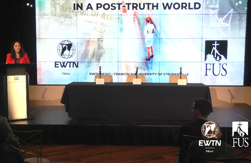 Montse Alvarado, president and chief operating officer of EWTN News, addresses the audience during the "Journalism in a Post-Truth World" conference, sponsored by EWTN and Franciscan University March 10-11 at the Museum of the Bible in Washington, D.C. (NCR screenshot)