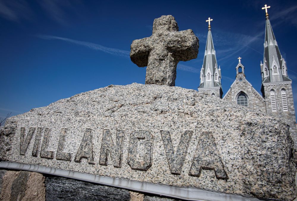A pillar is visible in front of St. Thomas of Villanova Church on the campus of Villanova University near Philadelphia March 11, 2021. (OSV News/CNS file/Chaz Muth)