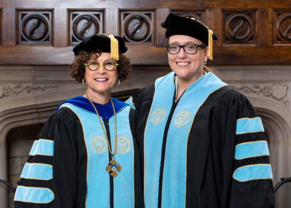 Saint Mary's College President Katie Conboy (left) with Saint Mary's 2023 commencement speaker Molly Burhans, founder and executive director of Goodlands. (Alonzo Fotography LLC)
