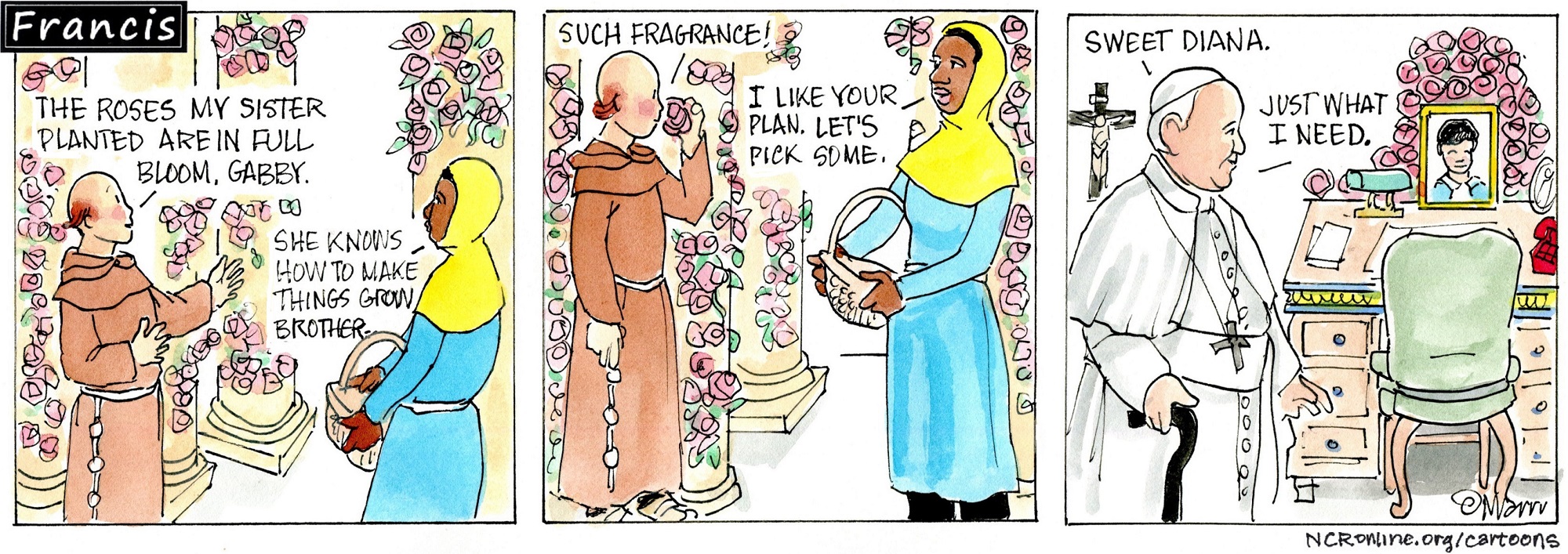 Francis, the comic strip: Brother Leo picks some roses for Francis