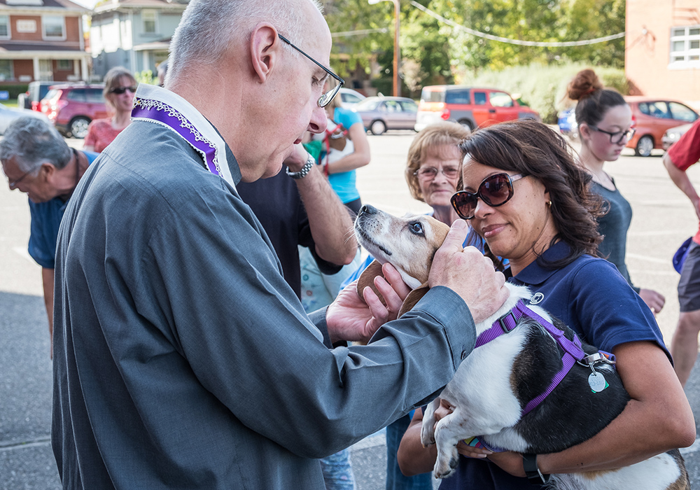 Jesuit Fr. Dirk Dunfee blesses a dog Jennifer Fairweather is holding at St. Ignatius of Loyola Parish's Blessing of the Animals for the St. Francis of Assisi feast day. (Courtesy of Wilfred von Dauster)