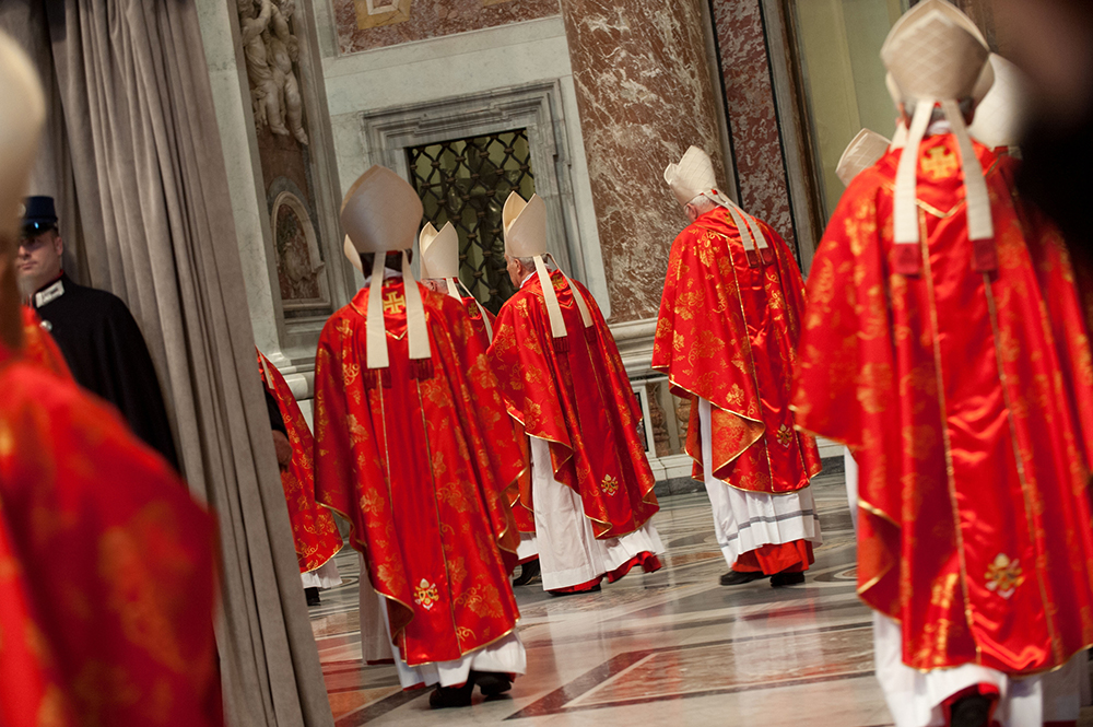 Cardinals enter "Pro Eligendo Pontifice" Mass at the St Peter's Basilica on March 12, 2013, at the Vatican. (RNS/Andrea Sabbadini)