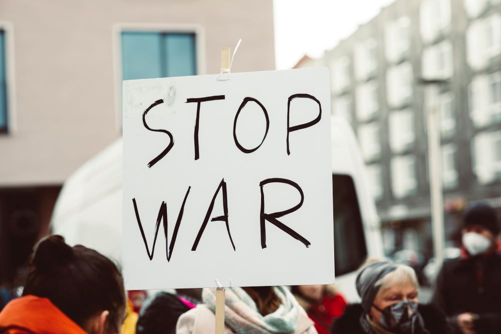 "Stop War" sign held up.