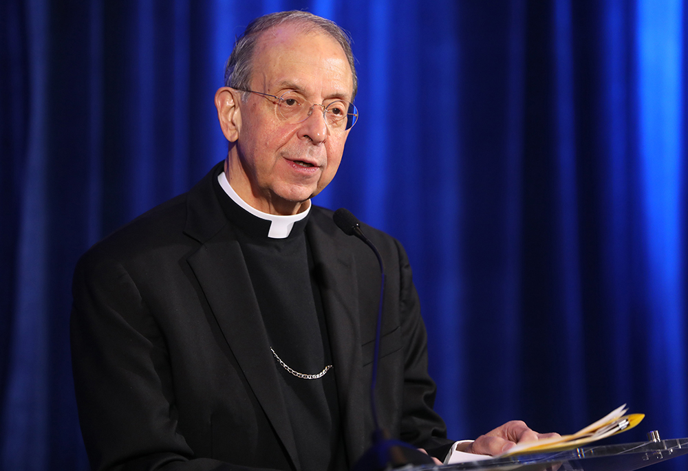 Archbishop William Lori of Baltimore, vice president of the U.S. bishops' conference, speaks during a news conference at a Nov. 15, 2023, session of the bishops' fall general assembly in Baltimore. The bishops approved supplements to "Forming Consciences for Faithful Citizenship" -- a teaching document on the political responsibility of Catholics. (OSV News/Bob Roller)