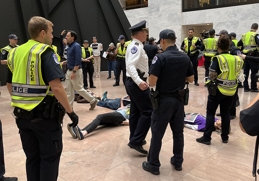 Activists lay down to form a cross on the floor of the Hart Senate Office Building on Nov. 9 to call for an Israel-Hamas cease-fire. (NCR photo/Aleja Hertzler-McCain)