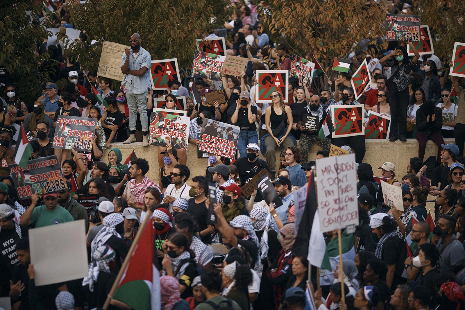 Protesters gather during a pro-Palestine demonstration demanding a cease-fire on Oct. 28 in New York. (AP/Andres Kudacki)