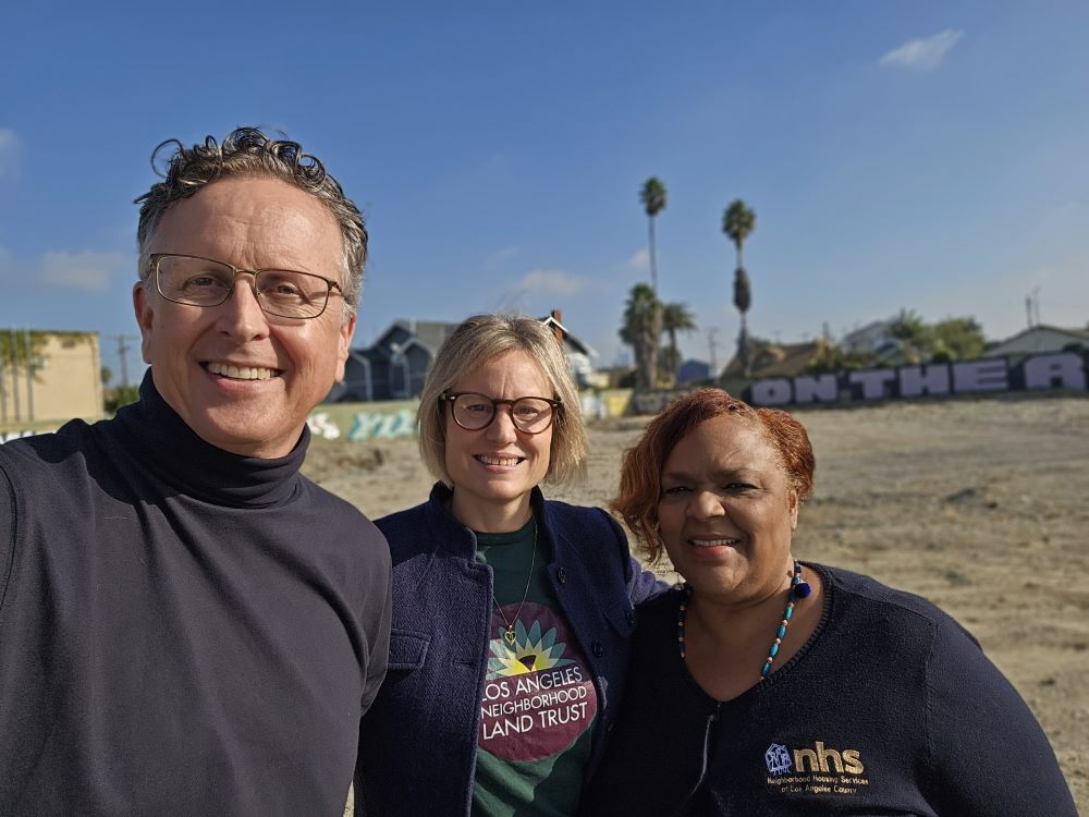 Richard Parks, from left, Tori Kjer and Lori Gay at the former Jefferson Boulevard drill site in Los Angeles. (Photo courtesy of Richard Parks)