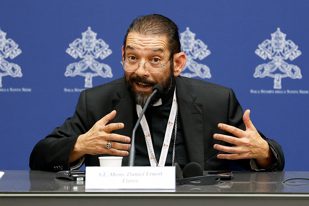 Bishop Daniel Flores of Brownsville, Texas, speaks during a briefing about the assembly of the Synod of Bishops at the Vatican Oct. 19, 2023. (CNS/Lola Gomez)