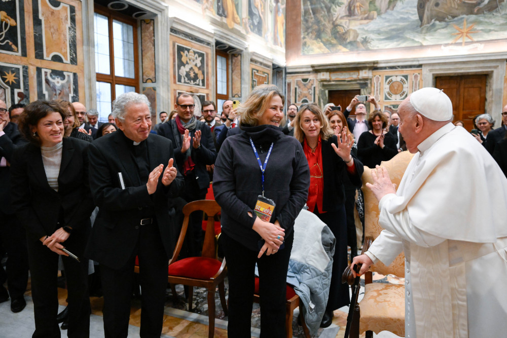 Pope Francis meets with members of the International Association of Journalists Accredited to the Vatican in the Clementine Hall of the Apostolic Palace at the Vatican Jan. 22, 2024. (CNS photo/Vatican Media)