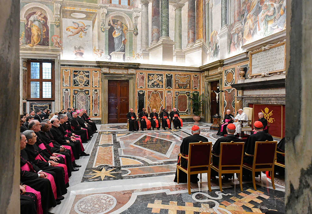 Pope Francis speaks to members of the Dicastery for the Doctrine of the Faith at the end of their plenary assembly Jan. 26 at the Vatican. (CNS/Vatican Media)