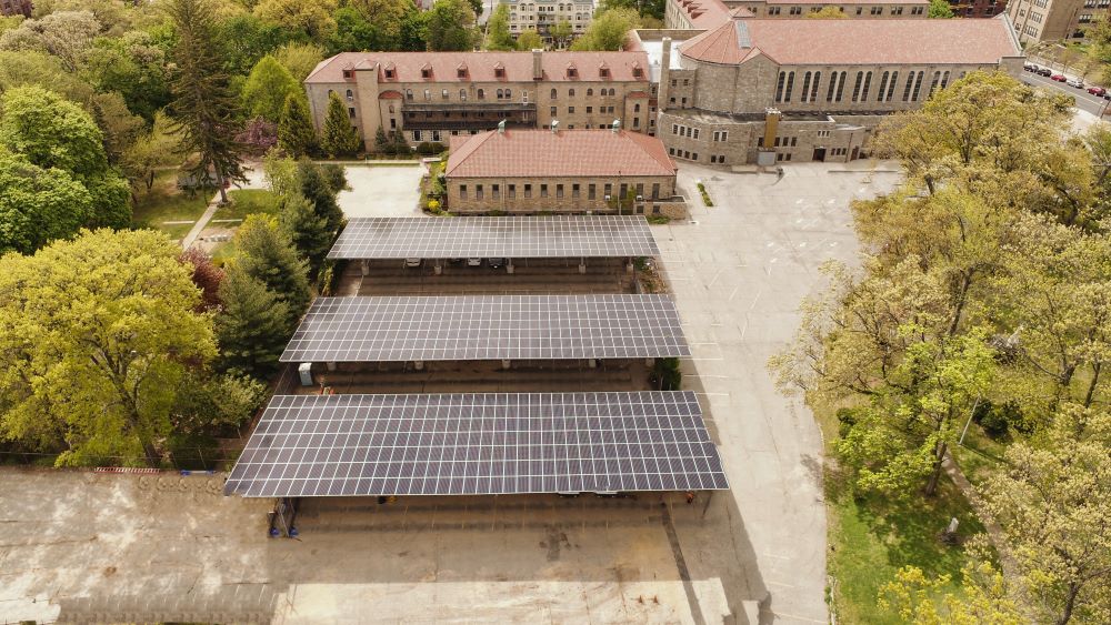 An aerial view taken in 2023 shows solar panels installed by Mission Energy at the Passionists' provincial office at Immaculate Conception Monastery in the New York borough of Queens.