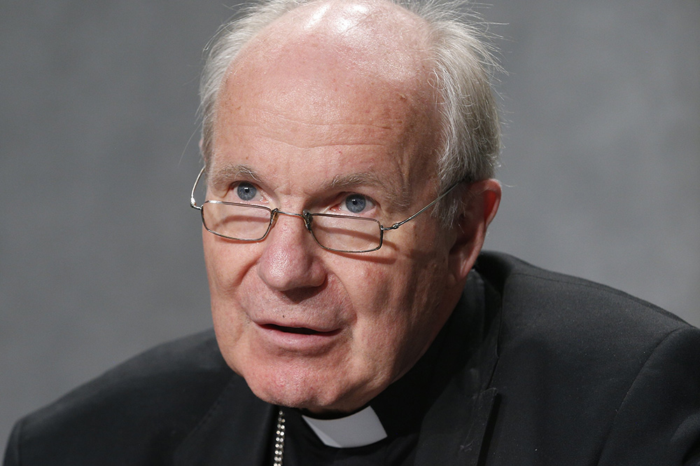 Cardinal Christoph Schönborn of Vienna speaks at a news conference following a session of the Synod of Bishops for the Amazon at the Vatican in this Oct. 21, 2019, file photo. In an interview Feb. 19, 2024, Schönborn warned of schism as German bishops planned to keep their reform course despite a letter from the Vatican halting their vote on statutes of a Synodal Committee. (CNS/Paul Haring)