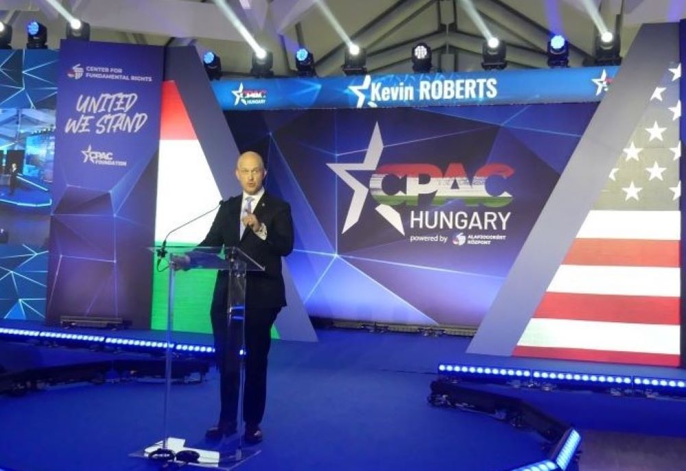 Kevin Roberts addresses CPAC Hungary 2023 at the Bálna Convention Center. 