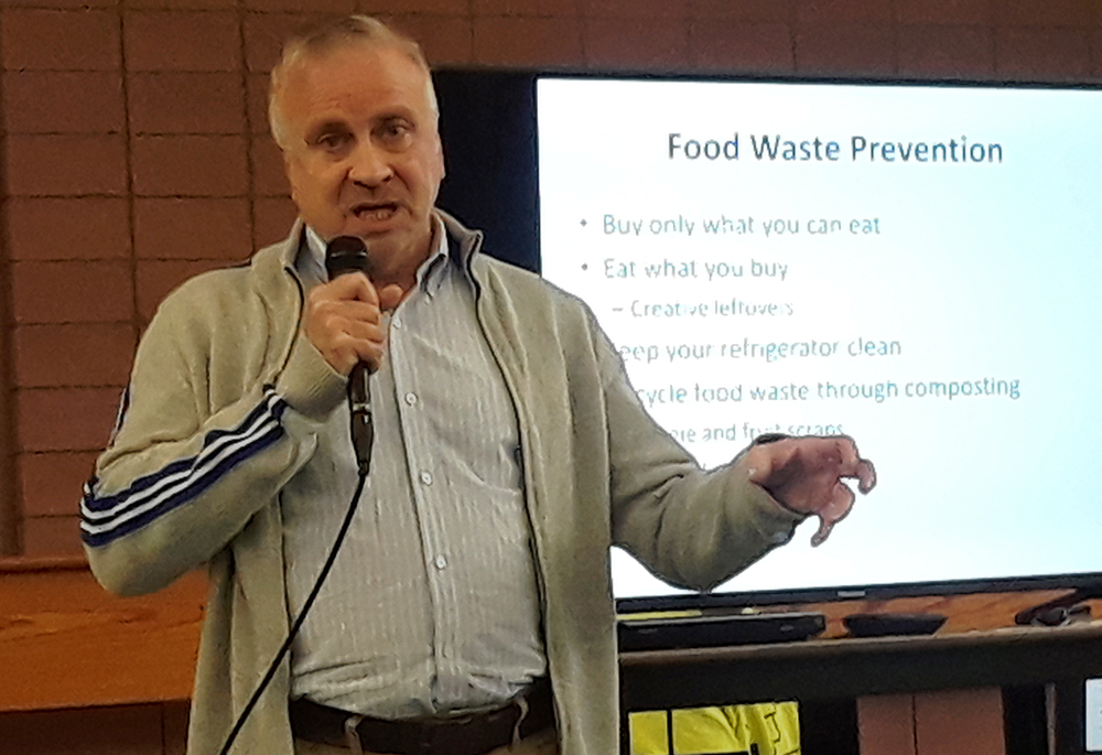 Brian Will presents during a composting workshop at St. Thérèse, Little Flower Catholic Church in South Bend, Indiana, on March 9. Now retired, Will previously worked at the governance level of the Solid Waste Management District in Columbus, Ohio. (Catherine Odell)