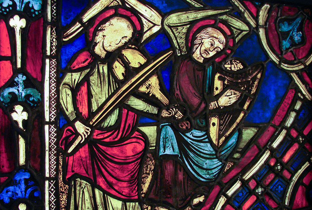 Angels play music in medieval stained glass at the Musée de Cluny in Paris. (Wikimedia Commons/Allie_Caulfield)
