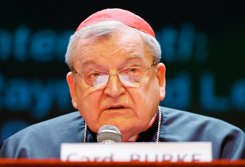 U.S. Cardinal Raymond Burke participates at a conference, "The Synodal Babel," at the Ghione Theater  Oct. 3, 2023, in Rome. (CNS/Lola Gomez)