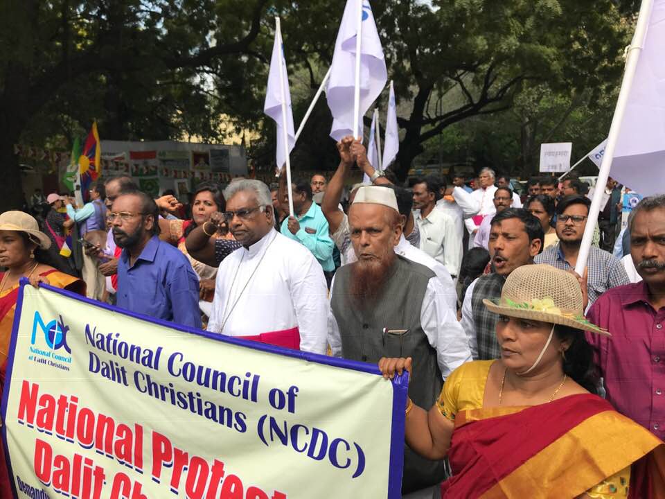 Bishop Neethinathan Anthonisamy leads a rally in New Delhi, India, calling for recognition and rights for Dalit Christians and Dalit Muslims. 