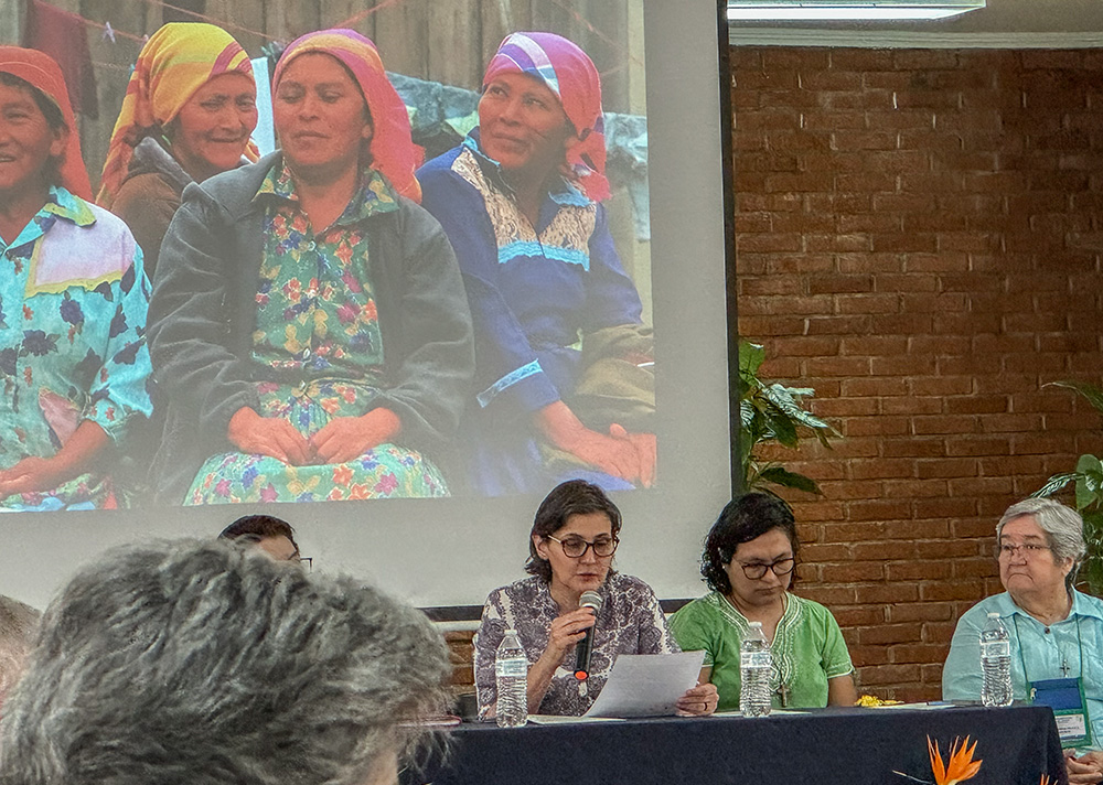 Company of Mary Sr. Liliana Franco, president of the Confederation of Latin American and Caribbean Religious talks at the Catholic University campus in Las Tres Rosas, Honduras, April 18. Franco encouraged women and men religious of CLAR’s board to imitate the women who weave the colorful fabrics typical of Honduras: Be patient, communal, allow the work to transform what they come into contact with. (GSR photo/Rhina Guidos) 