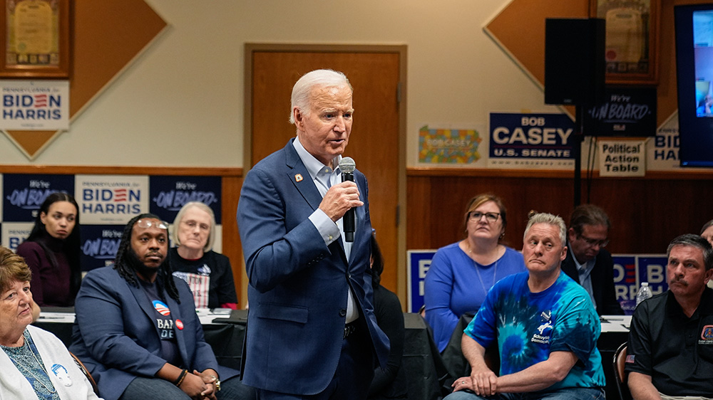President Joe Biden speaks at the Carpenters Union Hall April 16 in Scranton, Pennsylvania. (AP/Alex Brandon)