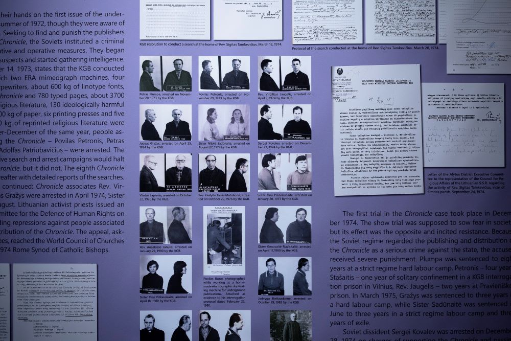 Sr. Nijole Sadunaite's 1974 arrest photos (second row from top, middle) are seen in a portion of an exhibit titled "The Chronicle of the Catholic Church in Lithuania" on July 19, 2022, at the Basilica of the National Shrine of the Immaculate Conception in Washington.