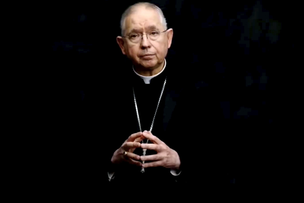 In this image taken from video, Archbishop José Gomez of Los Angeles, president of the U.S. Conference of Catholic Bishops, addresses the body's virtual assembly on June 16. (AP/United States Conference of Catholic Bishops)