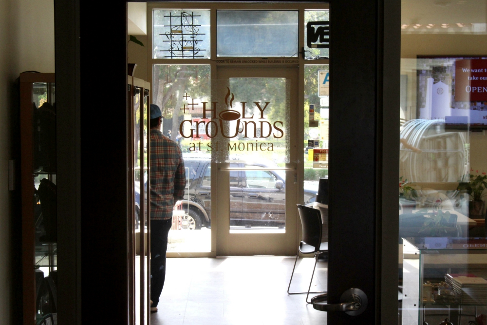 Holy Grounds is a coffee shop inside St. Monica Catholic Community in Santa Monica, California. The door to the café opens to the sidewalk, attracting customers from the community. (Heather Adams)