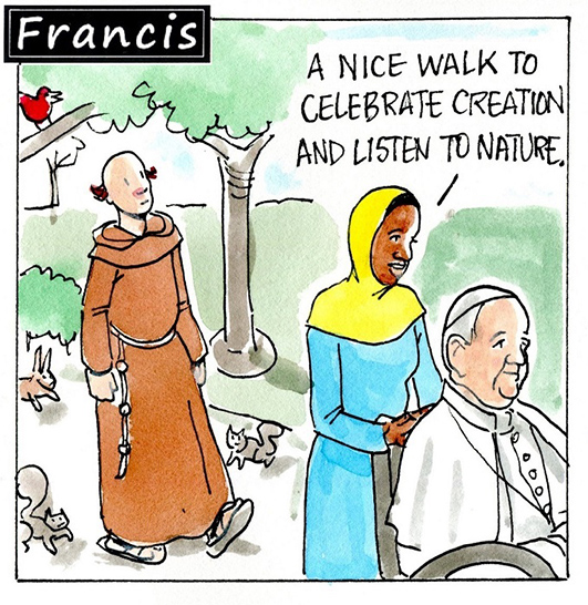 Francis, the comic strip: With a nice walk, you can listen to nature. What do you hear?