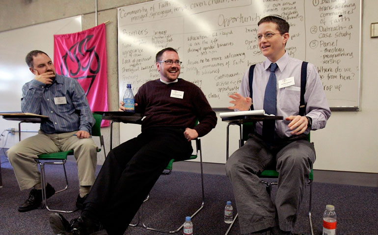 From left, theologian Justin Tanis, Episcopal priest Cameron Partridge and rabbinical student Reuben Zellman speak about their experience as transgender people during the Transgender Religious Summit at the Pacific School of Religion in Berkeley, Calif., in 2007. (Newscom/Reuters/Kimberly White)