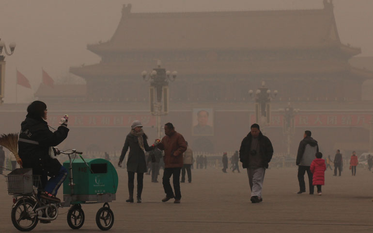 Tiananmen Square sits under a thick blanket of smog, darkening the afternoon sun in Beijing Jan. 18, 2012. (UPI/Stephen Shaver)