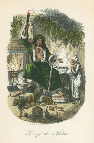 The Ghost of Christmas Present appears to Scrooge in a 19th-century illustration from A Christmas Carol. (Newscom/World History Archive)