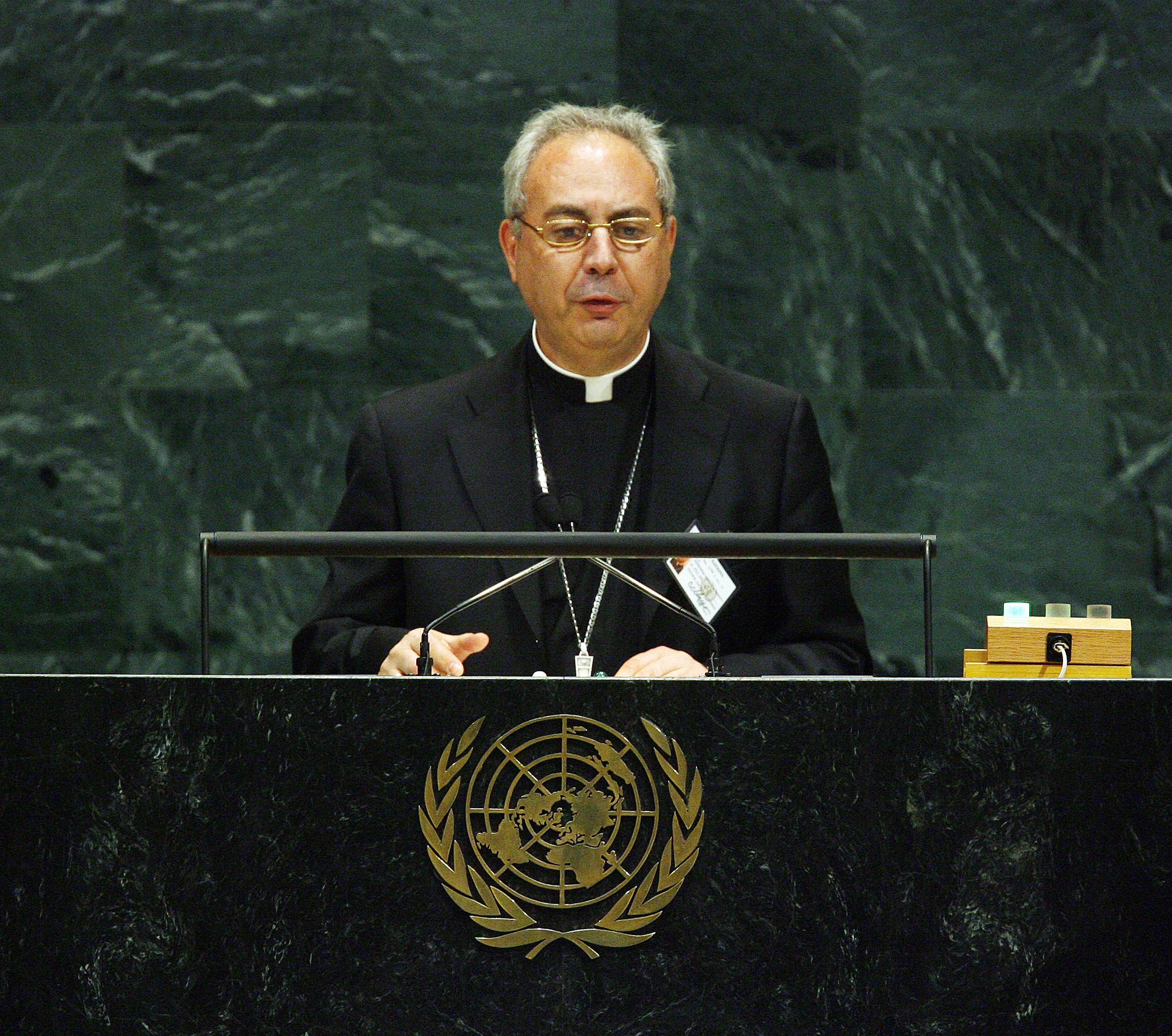 Archbishop Dominique Mamberti addresses the U.N. General Assembly in Sept. 2012 (CNS photo)