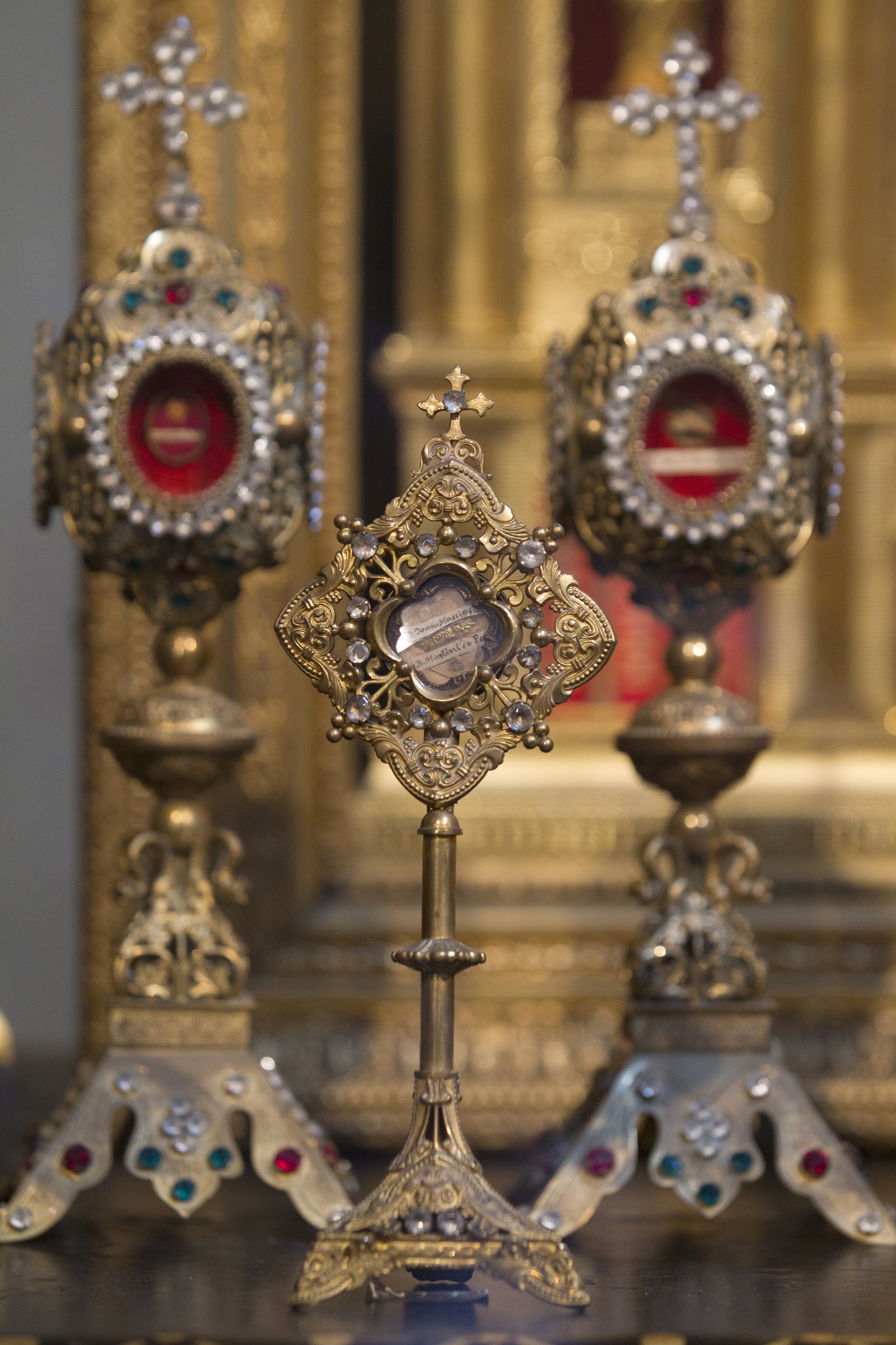 Relics marked with the names of Sts. John Masias and Martin de Porres at St. Anthony's Chapel in Pittsburgh (CNS/Nancy Wiechec)