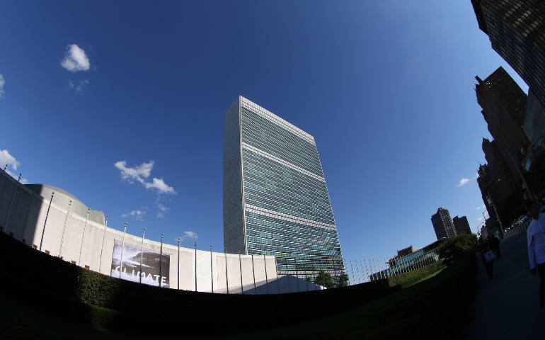 United Nations headquarters in New York City is seen through a fisheye lens June 29. (CNS photo/Gregory A. Shemitz)