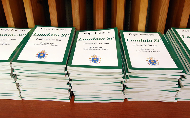 Copies of Pope Francis' encyclical on the environment, "Laudato Si', on Care for Our Common Home," are stacked on a table June 30, 2015, in New York City. (CNS/Gregory A. Shemitz) 