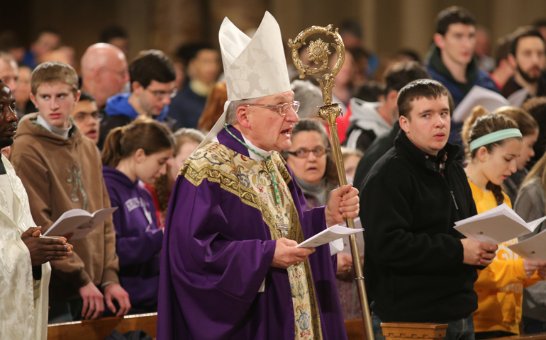 Bishop David Zubik of Pittsburgh walks with his crosier during the closing Mass for the National Prayer Vigil for Life at the Basilica of the National Shrine of the Immaculate Conception in Washington Jan. 22. (CNS/Bob Roller)
