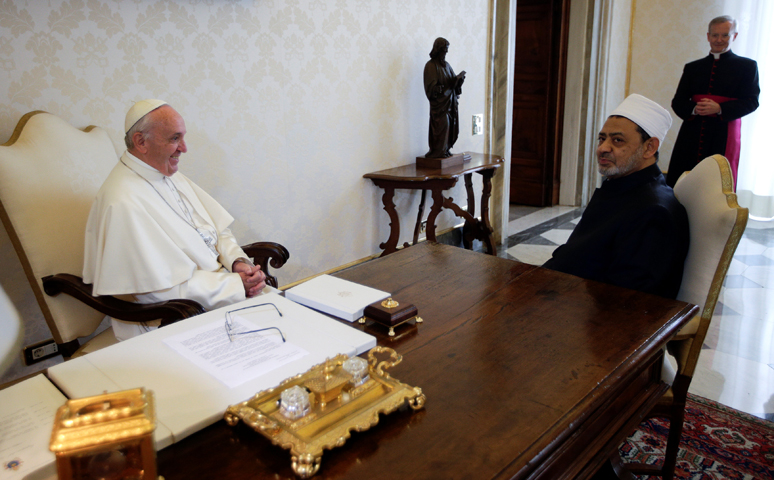 Pope Francis talks with Ahmad el-Tayeb, grand imam of Egypt's al-Azhar mosque and university, during a private meeting at the Vatican May 23. (CNS/Max Rossi, Reuters) 