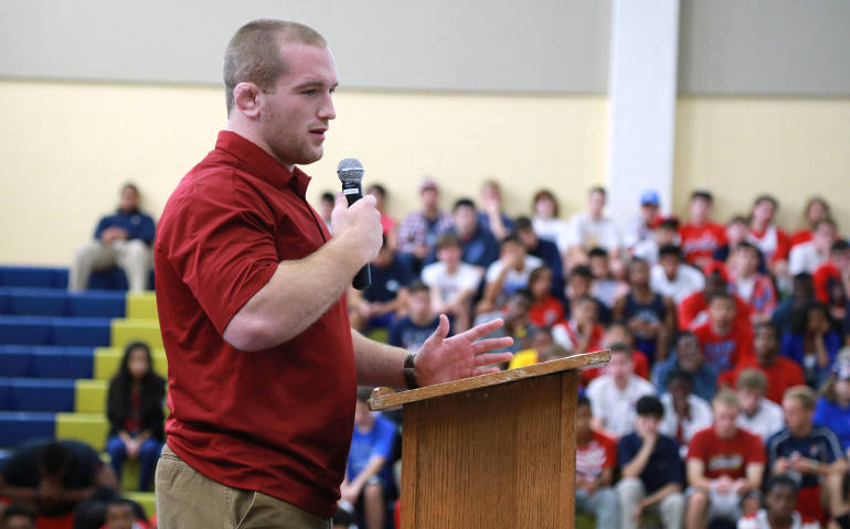 Olympic wrestler Kyle Snyder speaks to students at Our Lady of Good Counsel High School in Olney, Md., Sept. 23, 2015. The former student is headed to Brazil to compete in the Summer Games. (CNS photo/courtesy Our Lady of Good Counsel High School)