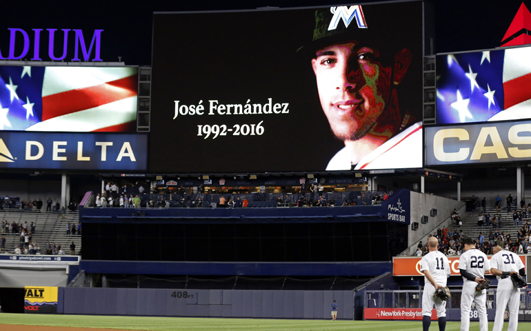 A moment of silence is observed for Miami Marlins José Fernández prior to the New York Yankees taking on the Boston Red Sox Sept. 27 at Yankee Stadium.