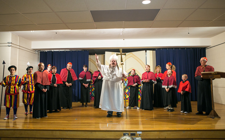 Pope Pius X (Tim Brady), center, surrounded by the Swiss Guard and some of the cardinals who voted for him, during a dress rehearsal of "X: A Pius Musical." (Courtesy of Perceptions Photography)