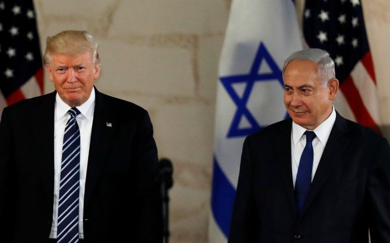 U.S. President Donald Trump stands next to Israeli Prime Minister Benjamin Netanyahu before delivering an address at the Israel Museum in Jerusalem May 23. (CNS photo/Ronen Zvulun, Reuters)